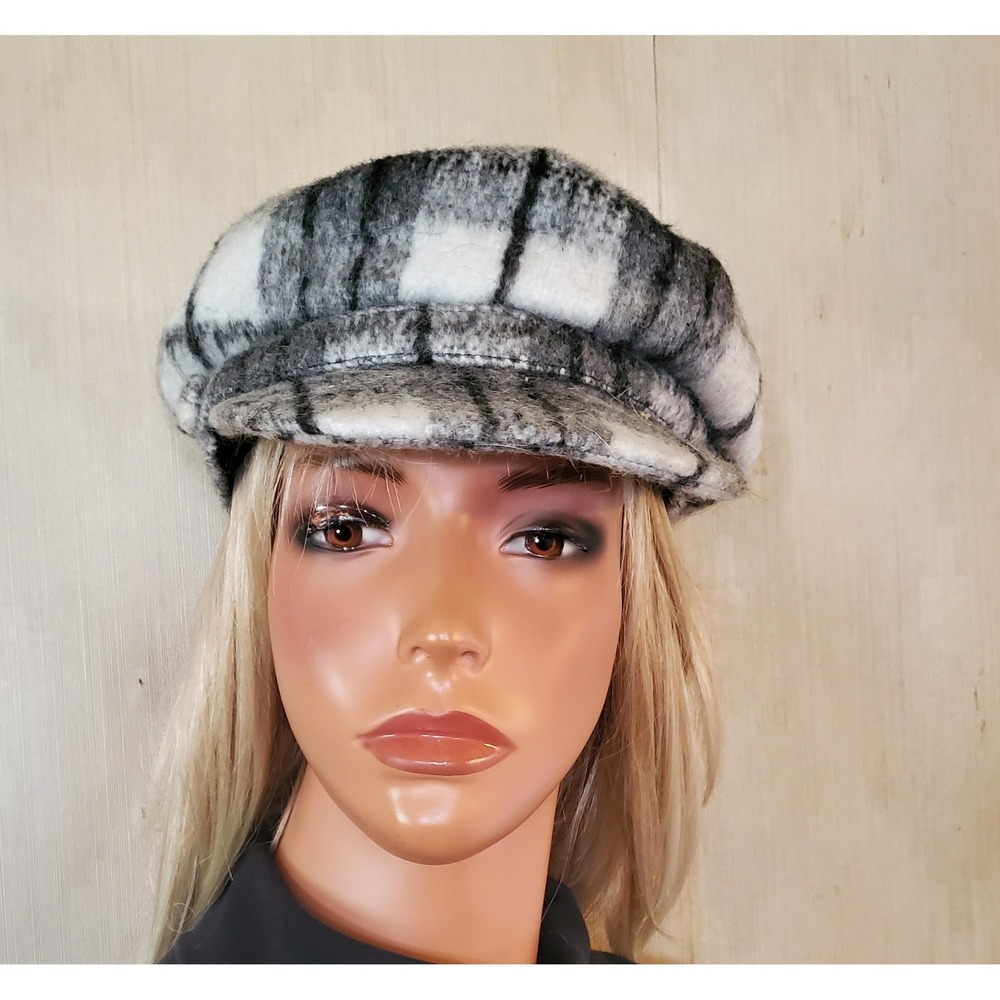 Grey Plaid Wool Blend Newsboy Cap Baker Boy Hat Grey Black White Winter Warm